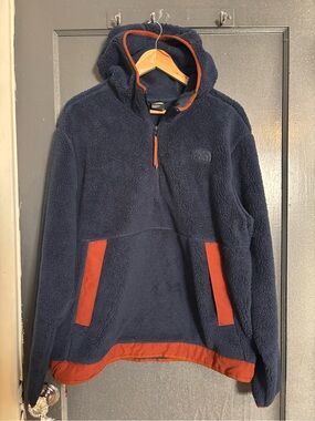 The North Face Navy Sherpa Half-Zip Hoodie with Orange Trim